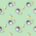 Seamless vector pattern with animals. Cute background with grey cats and colorful balloons on the green backdrop Royalty Free Stock Photo