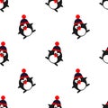 Seamless vector pattern with animals, cute background with penguins with winter hats.