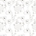 Seamless vector pattern with animals. Cute hand drawn background with birds and flowers on the white backdrop Royalty Free Stock Photo