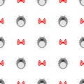 Seamless vector pattern with animals, cute symmetrical background with cats. thick grey striped kittens with red bows over white b Royalty Free Stock Photo