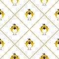 Seamless vector pattern with animals, cute symmetrical background with chikens with glasses and dots in the shape of rhombus. Royalty Free Stock Photo