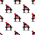 Seamless vector pattern with animals, cute symmetrical background with penguins with winter hats