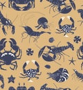 Seamless vector pattern with animals under water. Crab, shrimp, lobster, crayfish on beige background. Hand drawing sketch