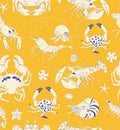 Seamless vector pattern with animals under water. Crab, shrimp, lobster, crayfish on yellow background. Hand drawing sketch