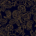 Golden linear pattern with blooming roses, peonies and sakura.