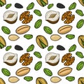Seamless vector pattern of assorted nuts and seeds, healthy snack illustration Royalty Free Stock Photo