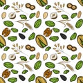 Seamless vector pattern of assorted nuts and seeds, including pistachios, walnuts, peanuts, sunflower seeds, and wheat ears, on a Royalty Free Stock Photo