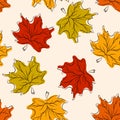 Seamless vector pattern with of autumn maple leaves line art flat style. Fall background, wallpaper. Royalty Free Stock Photo