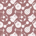 Seamless vector pattern. Background with closeup sports equipment. Soccer ball, punching bag, gloves, barbells, dumbbells and we