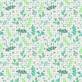 Seamless vector pattern, background with colorful branches and leaves on the chekered paper.