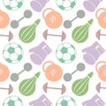 Seamless vector pattern. Background with colorful closeup sports equipment. Soccer ball, punching bag, gloves, barbells, dumbbell