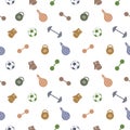 Seamless vector pattern. Background with colorful sports equipment. Soccer ball, punching bag, gloves, barbells, dumbbells and we