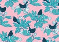 Seamless vector pattern background with cute birds on the branches of a fig tree on pink background. Surface pattern