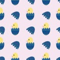 Seamless vector pattern background with cute chicken and colourful delicate painted eggs.