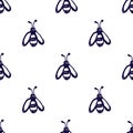 Seamless vector pattern, background with cute wasps on the white backdrop. Hand sketch drawing. Imitation of ink pencilling.