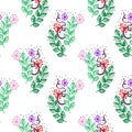 Seamless vector pattern, background with flowers and leaves on the white backdrop. Hand sketch drawing. Imitation of ink pencillin Royalty Free Stock Photo