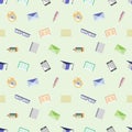 Seamless vector pattern, background with glasses, academic caps, letters, pens, pencils, notebooks and alarm clocks on the light b