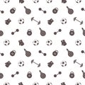 Seamless vector pattern. Background with grey sports equipment. Soccer ball, punching bag, gloves, barbells, dumbbells and weight