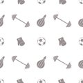 Seamless vector pattern. Background with grey sports equipment. Soccer ball, punching bag, gloves, barbells on the white backdrop