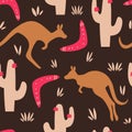 Cute seamless vector pattern background illustration with boomerang, cacti and kangaroo Royalty Free Stock Photo