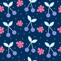 seamless vector pattern background illustration with colorful cherries, flowers and polka dots Royalty Free Stock Photo