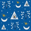 Cute seamless vector pattern background illustration with esoteric mystical boho elements: eyes, crystal, moon and stars Royalty Free Stock Photo