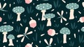 Cute seamless vector pattern background illustration with mushrooms, dragonfly, grass, acorns and stars Royalty Free Stock Photo