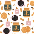 Cute seamless vector pattern background illustration with peanut butter, biscuits, coffee cup and candles