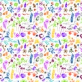 Seamless vector pattern, background with insects, fruits, flowers and leaves on the white backdrop. Royalty Free Stock Photo