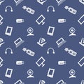 Seamless vector pattern, background monitor, notebook, router, usb and microphone on the blue backdrop.