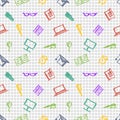 Seamless vector pattern, background notebooks, pens, pencils, glasses and books on the checkered paper. Royalty Free Stock Photo