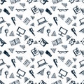 Seamless vector pattern, background notebooks, pens, pencils, glasses and books on the white backdrop.