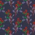 Seamless vector pattern, background with roses, branches and leaves on the dark blue checkered backdrop. Hand sketch drawing.