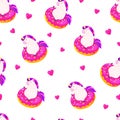 Seamless vector pattern, background, wallpaper with funny unicorns. Funny unicorn sitting in inflatable ring donut