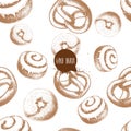 Seamless vector pattern with bakery goods. Bagels, german pretzels and iced cinnamon bun. Hand drawn sketch style.