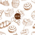 Seamless vector pattern with bakery goods. Bread, bun, iced cinnamon bun, cupcake, cake and croissant.