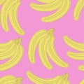 Seamless vector pattern of banana icons on pink background