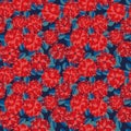 Seamless vector pattern with beautiful red flowers and blue laves on dark blue background