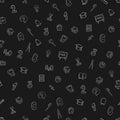 Seamless vector pattern on a black background school items in a flat style doodle numbers, alarm clock, pen, bell, magnifier,