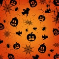 Seamless vector pattern with black bats, pumpkins, spiders, cobwebs, little ghosts. Halloween illustration.