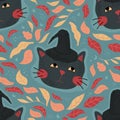 Seamless vector pattern with a black cat in a witch hat and autumn leaves. Royalty Free Stock Photo