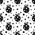 Seamless vector pattern with black decorative ornamental cute strawberries and dots on the white background. Repeating tiled