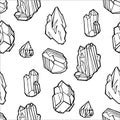 Seamless vector pattern - black outline crystals or gems, on white background, endless texture with gemstones, diamonds Royalty Free Stock Photo