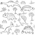Seamless vector pattern in black and white on a white background with various cute cartoon dinosaurs, palm trees, leaves