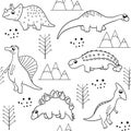 Seamless vector pattern in black and white on a white background with various cute cartoon dinosaurs with trees