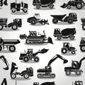 Seamless vector pattern with black and white construction vehicles