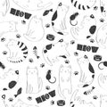 Seamless vector pattern with black and white cute cats, fish bones, cat paws, pet food on white background. Cat lover design for Royalty Free Stock Photo