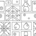 Seamless vector pattern. Black and white geometrical hand drawn background with snowflake, snowman, christmas tree. Decorative pri Royalty Free Stock Photo