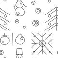Seamless vector pattern. Black and white geometrical hand drawn background with snowflake, snowman, christmas tree. Decorative pri Royalty Free Stock Photo