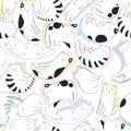 Seamless vector pattern with black and white hand drawn cute cats and colorful shadows isolated on white background. Design for